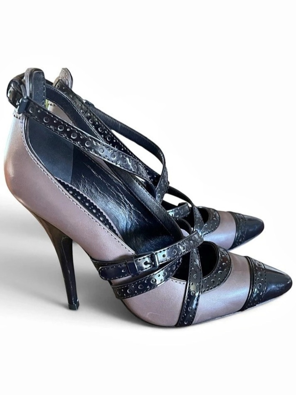 Tory Burch Studded Strappy Pointed Toe Stiletto Pumps Gray Blue Black 8M